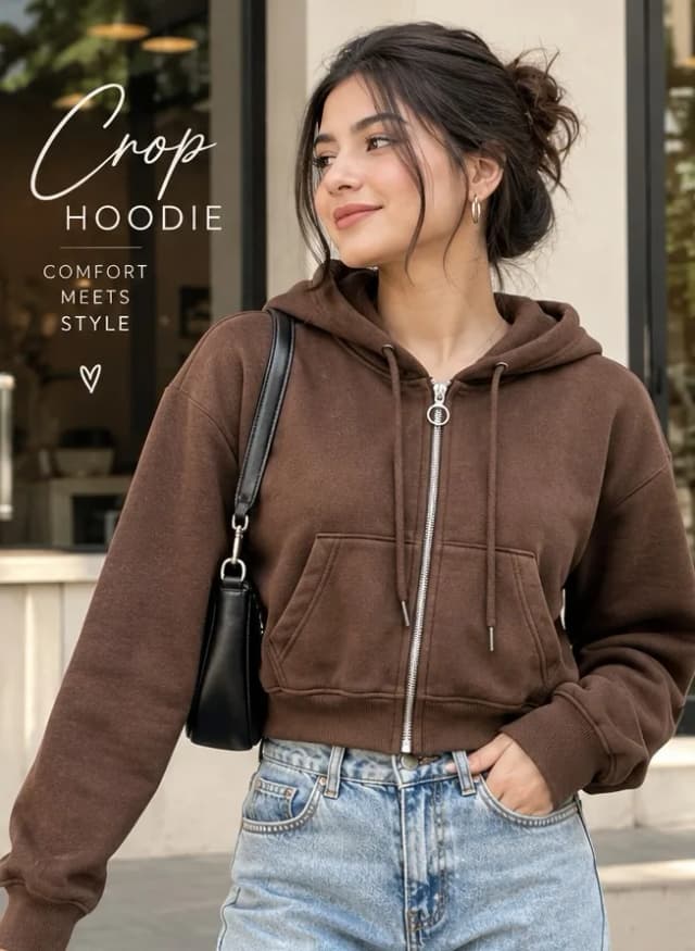 Girls Cotton Blend Solid Crop Hoodie