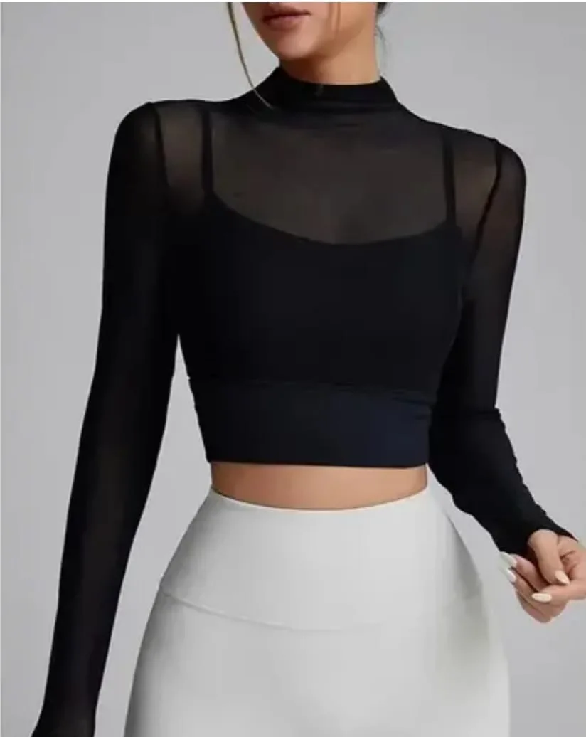 Women Net Solid Slim Crop Top