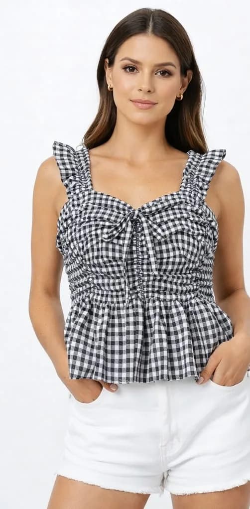 Women Cotton Check Slim Top