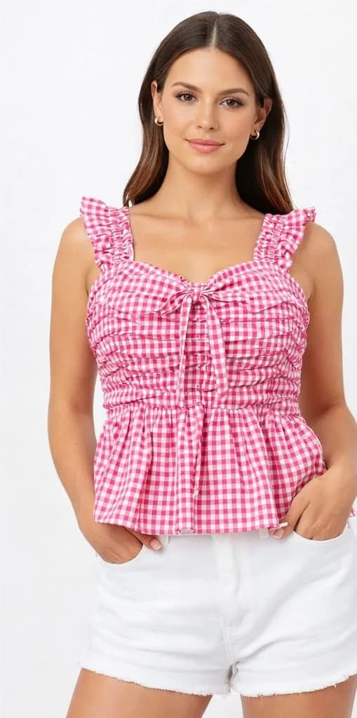 Women Cotton Check Slim Top
