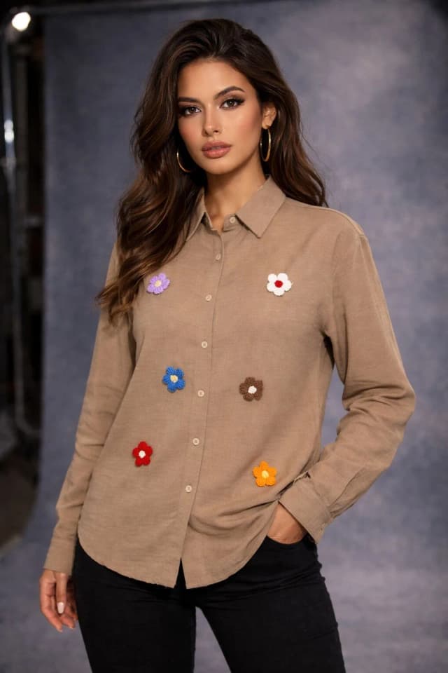 Women Linen Embroidered Regular Waist Shirt