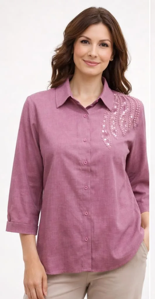 Women Cotton Blend Machine Embroidered Regular Waist Shirt