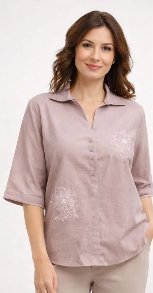 Women Cotton Blend Machine Embroidered Regular Waist Shirt