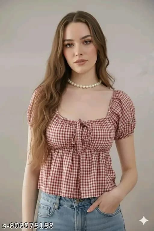 Women Cotton Check Slim Crop Top