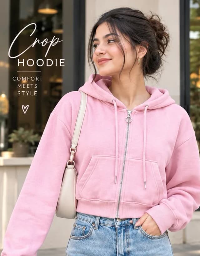 Girls Cotton Blend Solid Crop Hoodie